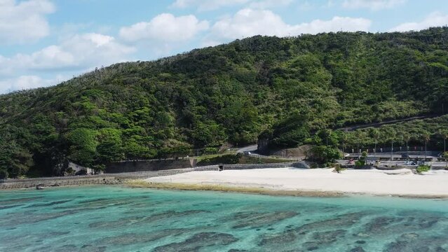Aerial view of tropical beach and turquoise ocean on Amami Oshima Island Japan