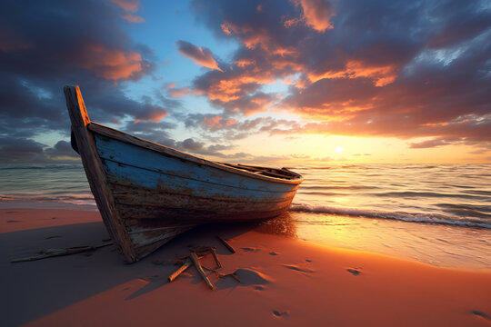  Abandoned boat on a golden beach during sunset. AI Generative.
