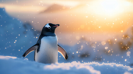 Portrait of a penguin in a snowy landscape. Playful and adorable.