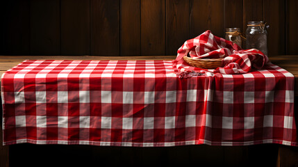 wooden table with a classic red and white checkered tablecloth
