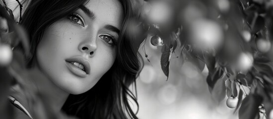 Gorgeous brunette girl in cherry orchard B&W photo, close-up.