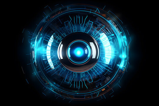 futuristic Eye scan, eyeball technology, hitech line, digital element, blue neon.