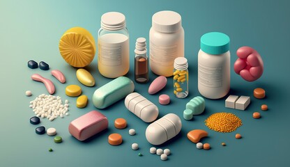 Various dietary supplements for health and beauty, like collagen, vitamins, biotin, and protein, in pill and powder forms