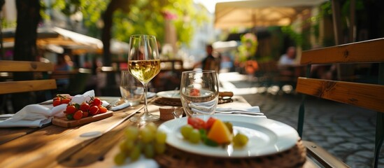 Fototapeta premium Table in an open-air cafe serving light snacks and wine from the area.