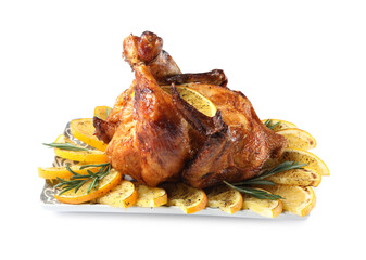 Chicken with orange slices isolated on white