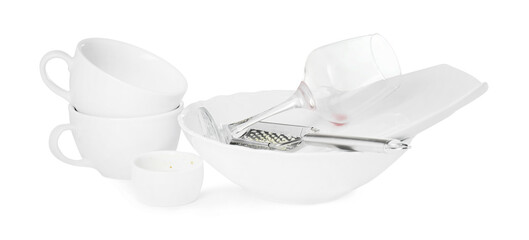 Set of dirty dishes isolated on white
