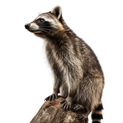 Raccoon sitting on a tree branch isolated on transparent background