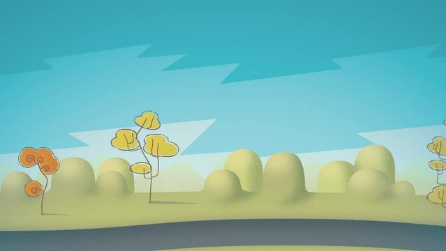 15-second looping cartoony background. Side scrolling landscape, with hills, trees, skies.