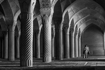 Impeccably gorgeous details of arches and pillars of Vakil mosque in Shiraz, Iran.