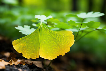 Healthy, Green Growth: A Refreshing Closer Look at Herbal Ginkgo Leaves with Bright Sunlight and Water Droplets on a White Background