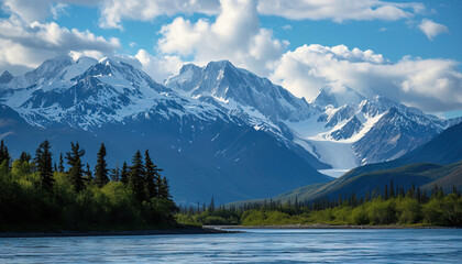 Obraz premium Snowy mountains of Alaska, landscape with forests, valleys, and rivers in daytime. Breathtaking nature composition background wallpaper, travel destination, adventure outdoors