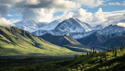 Fototapeta premium Snowy mountains of Alaska, landscape with forests, valleys, and rivers in daytime. Breathtaking nature composition background wallpaper, travel destination, adventure outdoors