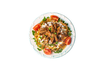 Turkish food; Cokertme Kebab - Beef meat kebab with yoghurt and french fries