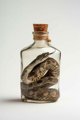 A transparent glass botlle, with a snake inside it