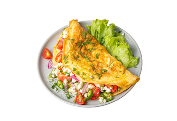 Homemade stuffed omelet on a plate. Egg omelet stuffed with fresh tomatoes, cheese and green parsley. Healthy vegetarian breakfast recipe.