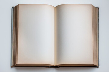 Classic open book with blank pages isolated on a solid white background, copy space