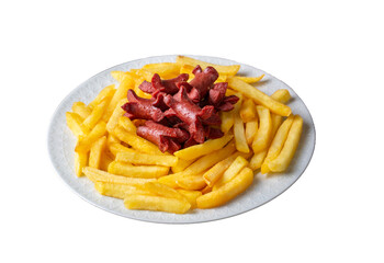 French fries and sausage fries platter (Turkish name; patates ve sosis kizartmasi)