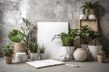 Background with a notepad and planters, mock up of a room interior