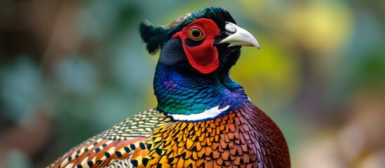 The ringneck pheasant displays striking feather patterns and is part of the Phasianidae bird family in the Galliformes order, known for its evident sexual dimorphism. - obrazy, fototapety, plakaty