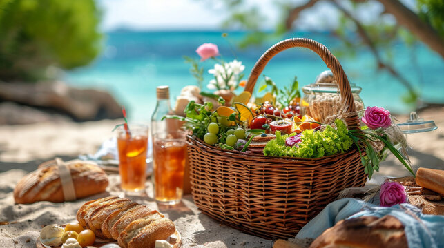 A picnic basket with delicious food on the beach on a summer day