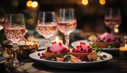 Luxury celebration gourmet food, wine, and elegant decoration generated by AI