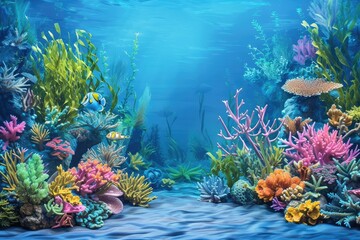 Fototapeta na wymiar A Under the Sea Birthday Backdrop with Colorful Coral Reefs and Playful Sea Creatures on the Background in Oceanic Colors, in the Style of Vibrant Blue and Aquatic Green, Detailed Environments, RTX On