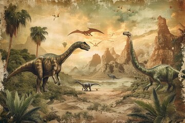 A Dinosaur World Birthday Backdrop with Majestic Dinosaurs and Prehistoric Landscapes on the...