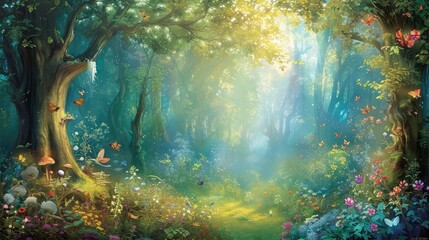 A Fairytale Forest Birthday Backdrop with Enchanted Trees and Whimsical Creatures on the Background in Magical Colors, in the Style of Mystical Green and Ethereal Blue, Detailed Environments, RTX On