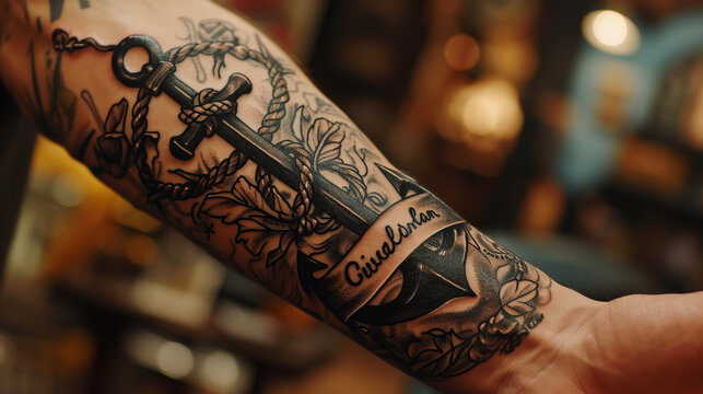 A tattoo on the arm with anchors and writings