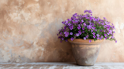 Pretty pot with purple flowers, copy space.