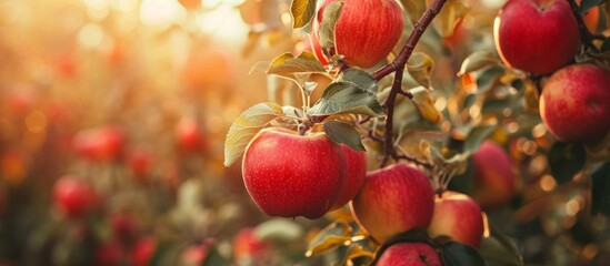 Autumn apple orchard with ripe, red fruit on branches. - obrazy, fototapety, plakaty