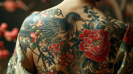 A tattoo with flowers and a bird on a woman's back - obrazy, fototapety, plakaty