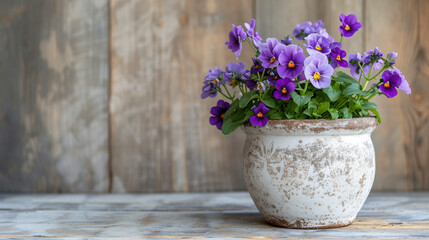 Fototapeta na wymiar Pretty pot with purple flowers, copy space.