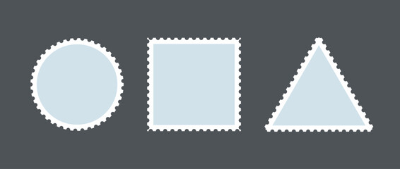 Light blue postage stamp set. Post stamp frames or borders. Round, square, triangle template for mail, postcard, letter. Vintage jagged wavy edge form or object for banner, badge, sticker. Vector