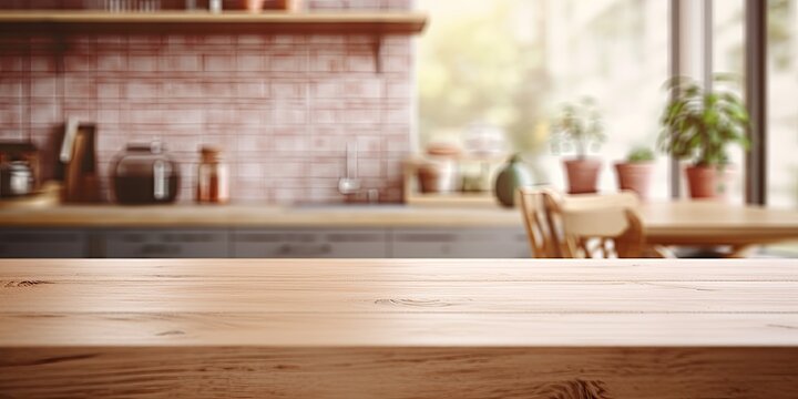 Blurred modern kitchen with wooden table for product display or montage.