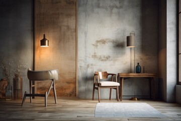 Mockup of a wabi sabi home with a chair, table, vase, and floor lamp against a grungy wall