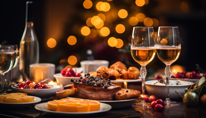 Obraz premium A festive table with wine, dessert, and Christmas lights generated by AI