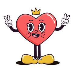 Groovy cute sticker happy heart mascot. Cartoon lovely heart character with gesture of peace for happy Valentines day