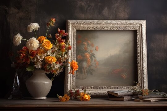 Vase filled with fresh flowers acting as a still life in a painting. a blank slate for an atmosphere of creativity. art, originality, masterpiece, and interior design