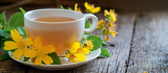 Fresh St. John's wort flowers enhance the herbal tea displayed in a white cup.