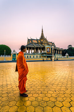 Buddhist monk looking at Royal Palace, Phnom Pehn, Cambodia