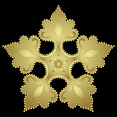 Stylized star shape or flower. Beautiful floral medieval European motif. Five point geometrical mandala. Golden glossy silhouette on black background.
