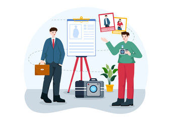 Model Portfolio Vector Illustration with Modeling Agency Manager and Photographer take Photos of Model in Platform Flat Cartoon Background Design
