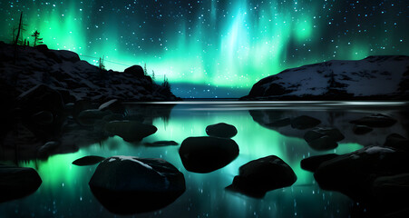 an aurora bored sky with rocks near the water - obrazy, fototapety, plakaty