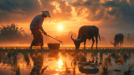 Asian Thai farmes at sunset with buffalos working in the rice field, with a foggy countryside