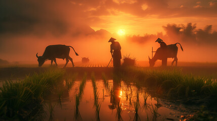 Asian Thai farmers at sunrise with mist and fog with buffalos working in the rice field