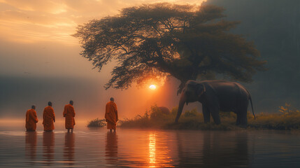 Thai monks walking in the rice fields at sunrise in Thailand with mist an fog and Elephants by the...