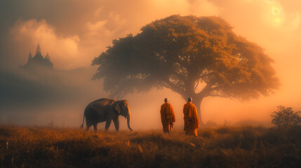 Thai monks walking in the rice fields at sunrise in Thailand with mist an fog and Elephants under a big tree