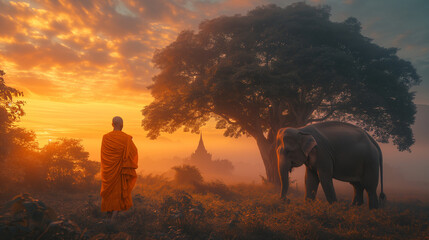 Thai monks walking in the rice fields at sunrise in Thailand with mist an fog and Elephants at the...