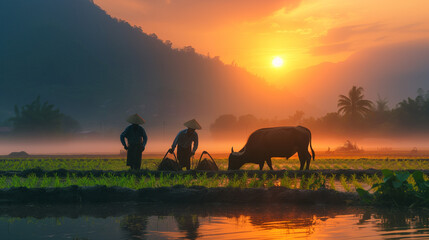 Fototapeta na wymiar Traditional Asian Thai farmers at sunset with buffalos working in the rice field